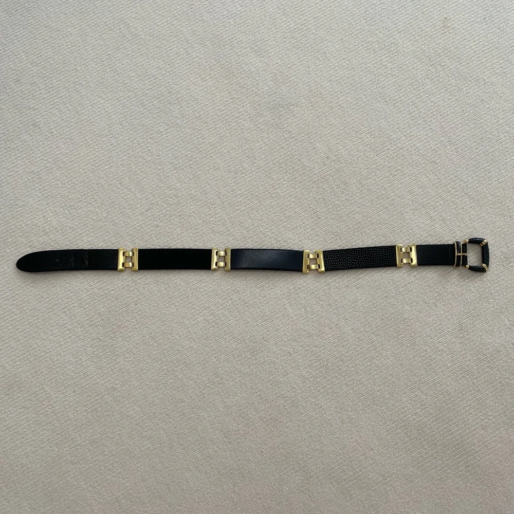 Womens Black Leather Dress Belt With Gold Accent Links